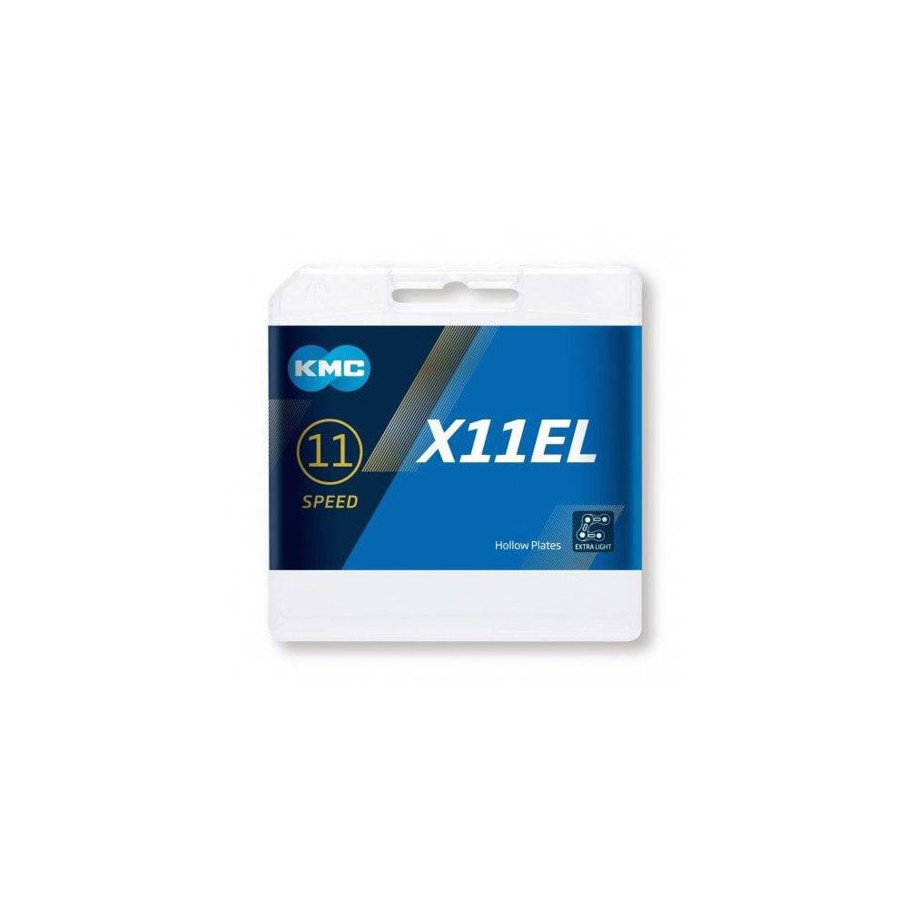 KMC X11El 11-speed black bike chain with 118 links for road and mountain bike systems, showcasing the durable metal links.