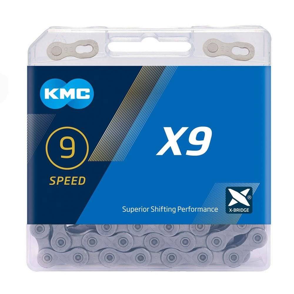 KMC X9 9-speed grey bike chain with 114 links and reusable missing link, designed for durable cycling components.
