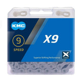 KMC X9 9-speed grey bike chain with 114 links and reusable missing link, designed for durable cycling components.