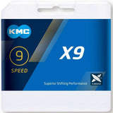 KMC X9 9-speed bike chain in grey with 114 links and reusable missing link, designed for bicycle drivetrain components.