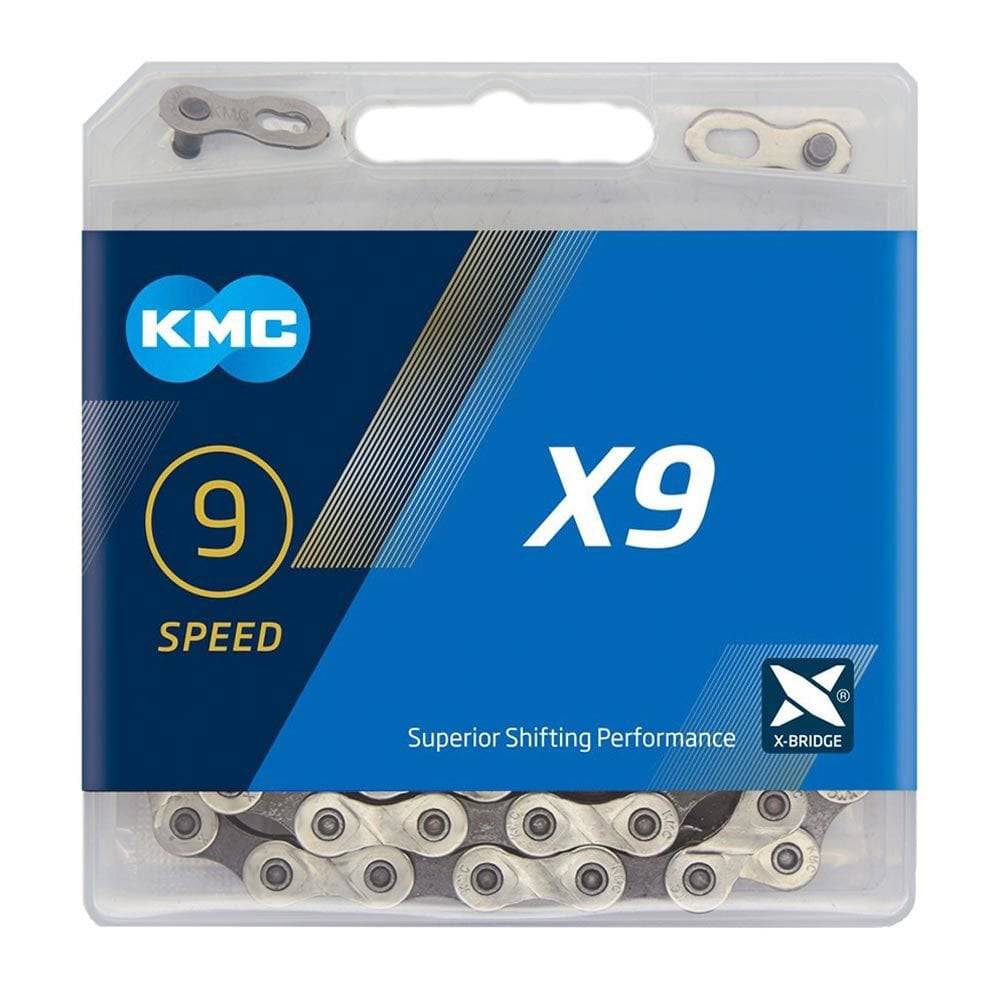 KMC X9 9-speed bike chain with 114 links in silver and grey, featuring titanium nitride coating for durability.