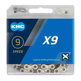 KMC X9 9-speed bike chain with 114 links in silver and grey, featuring titanium nitride coating for durability.