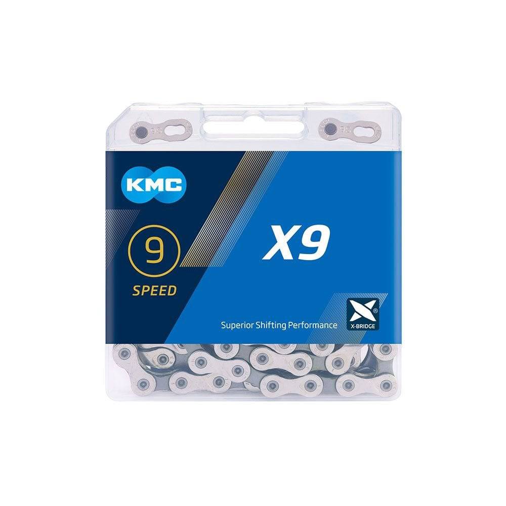 KMC X9 9-speed silver bike chain with 122 links, durable and compatible for mountain and road bikes, shown in the image.