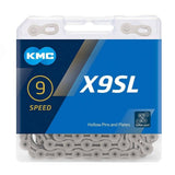 KMC X9-SL 9-speed silver bike chain with 114 links and missing link for smooth shifting on bicycle components