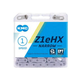 KMC Z1Ehx Narrow EPT 128L chain for mid-motor e-bikes and single speed systems, showing the metal links and branding.
