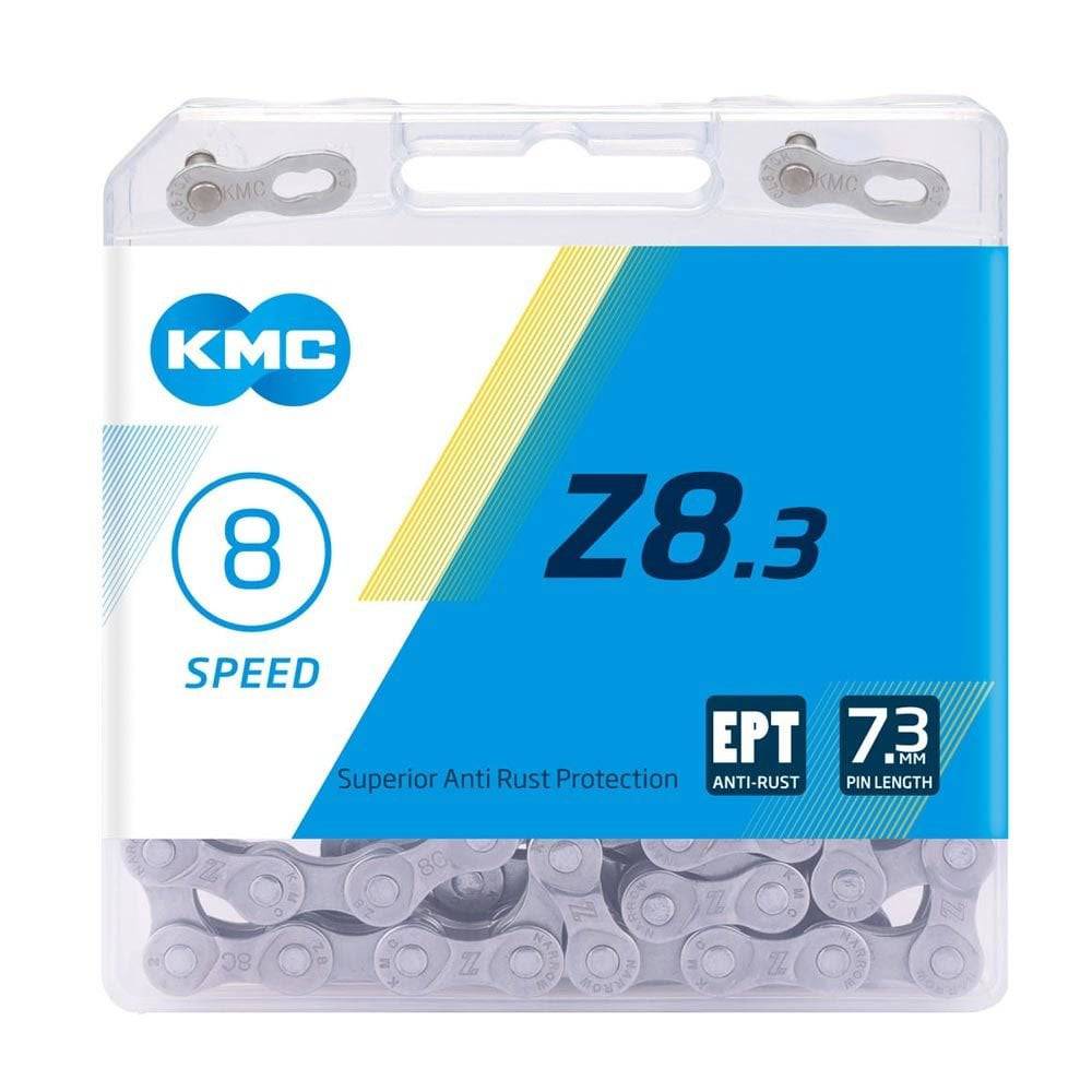 KMC Z8.3 EPT bike chain with 114 links, rust-resistant finish, designed for smooth shifting on 6-24 speed bicycles.
