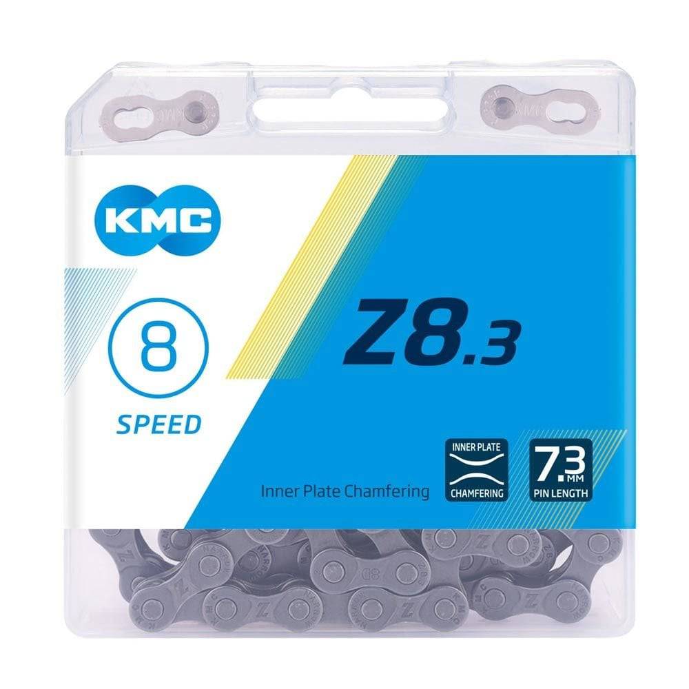 KMC Z8.3 silver and grey 7.3mm bike chain with 114 links for 6-24 speed bike drivetrains, cycling component accessory