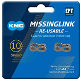 KMC Missinglink 10R EPT Silver 2-Pack reusable chain links for Shimano and Campagnolo bike chains, shown in the image.