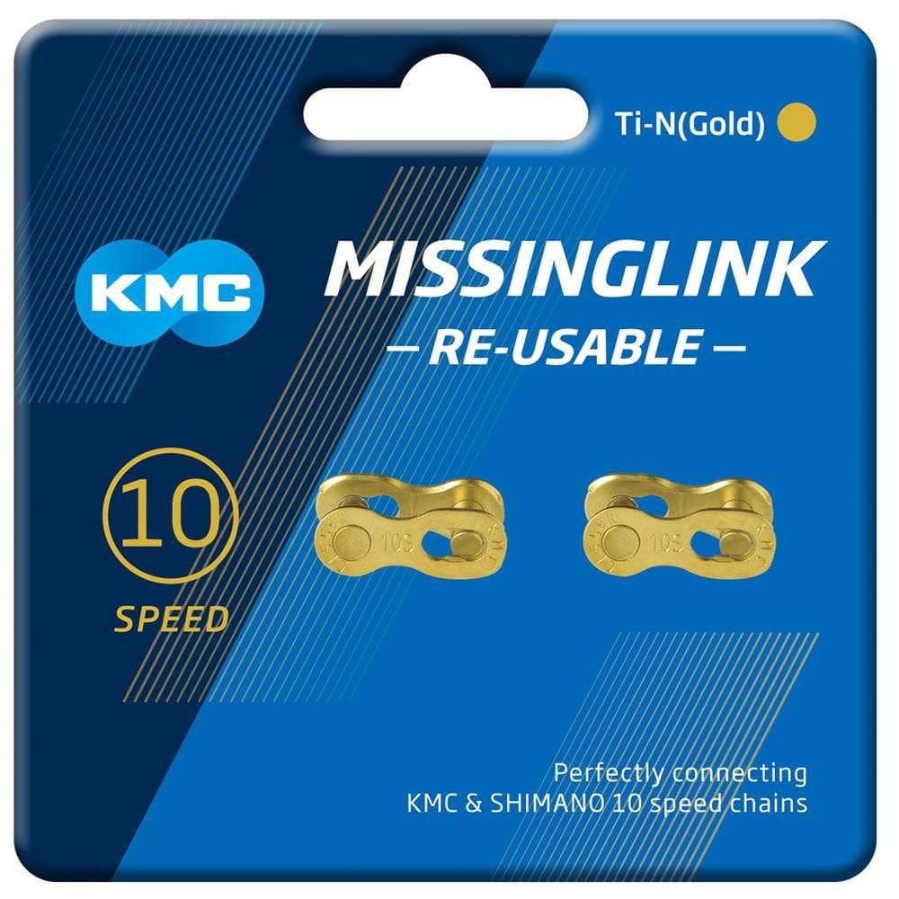 KMC Missinglink 10R Ti-Ni gold reusable chain link for 10-speed bike chains, showing the gold-colored metal connector.