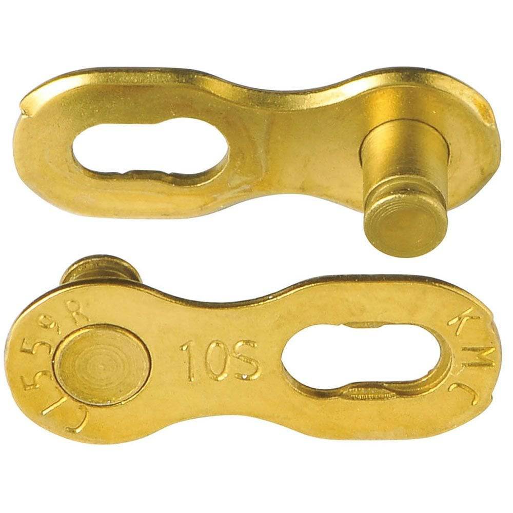 KMC Missinglink 10R Ti-Ni gold reusable chain link for 10-speed bike chains, showing the gold-colored component and packaging.