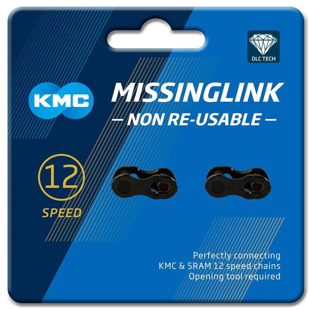 KMC Missinglink 12X DLC non-reusable chain link for 12-speed bike chains, shown in close-up with metallic finish.