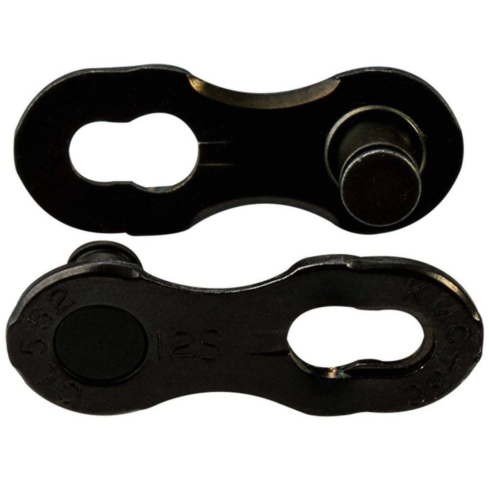 KMC Missinglink 12X DLC non-reusable chain link for 12-speed bike chains, showing the metal connector in close-up view.