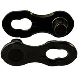 KMC Missinglink 12X DLC non-reusable chain link for 12-speed bike chains, showing the metal connector in close-up view.