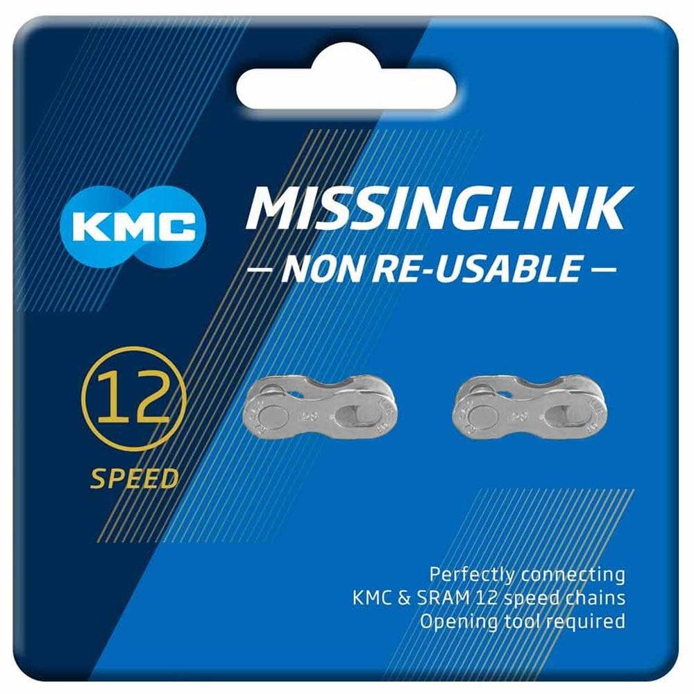 KMC Missinglink 12-speed silver non-reusable chain joining links pack, spare bicycle components for quick chain connection.