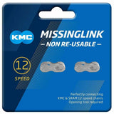 KMC Missinglink 12-speed silver non-reusable chain joining links pack, spare bicycle components for quick chain connection.