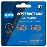 KMC Missinglink 9R EPT silver reusable quick release chain links, two-pack, for bicycle chain maintenance and repair.