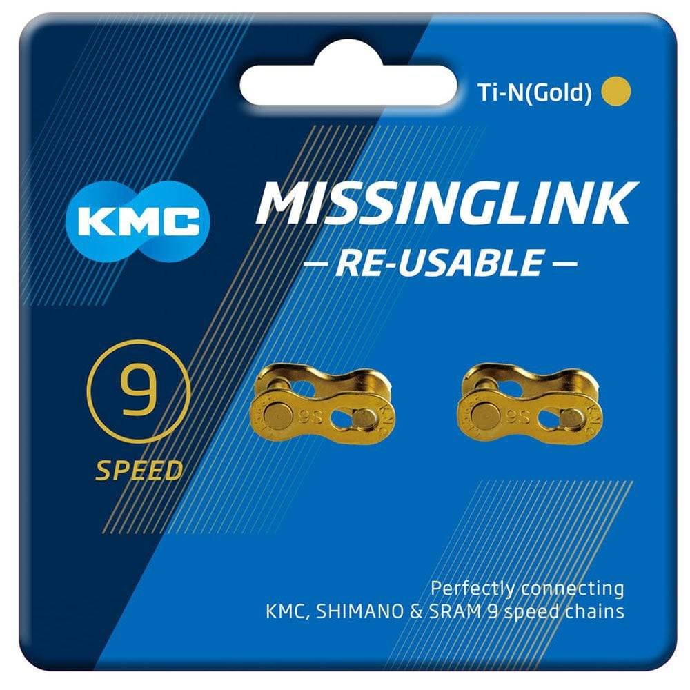 KMC Missinglink 9R Ti-N Gold reusable quick release chain links, two pack, bicycle chain components for easy maintenance.