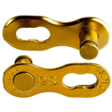 KMC Missinglink 9R Ti-N Gold reusable quick release chain links, two-pack spares for bike chains, lightweight and durable components.