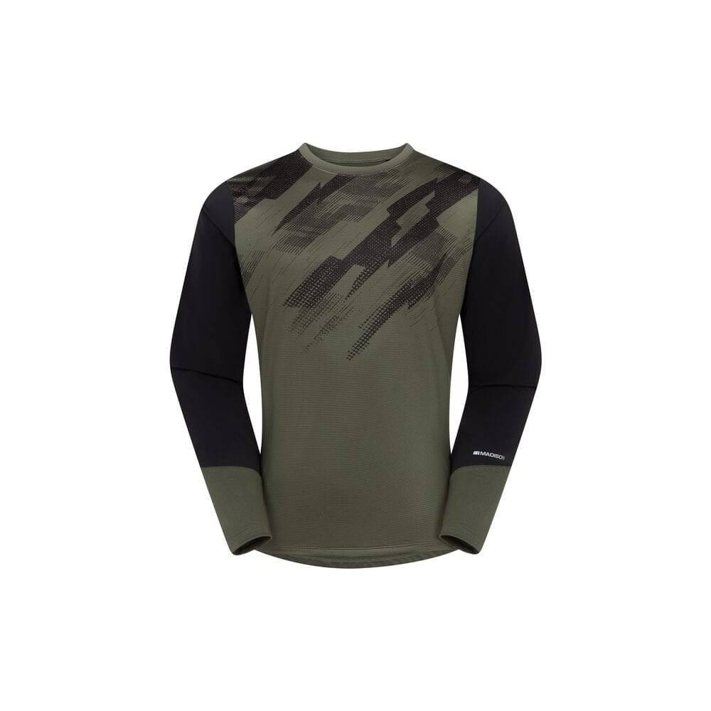 Madison Flux men's long sleeve trail jersey with moisture-wicking fabric and durable arm sections, suitable for outdoor hiking.