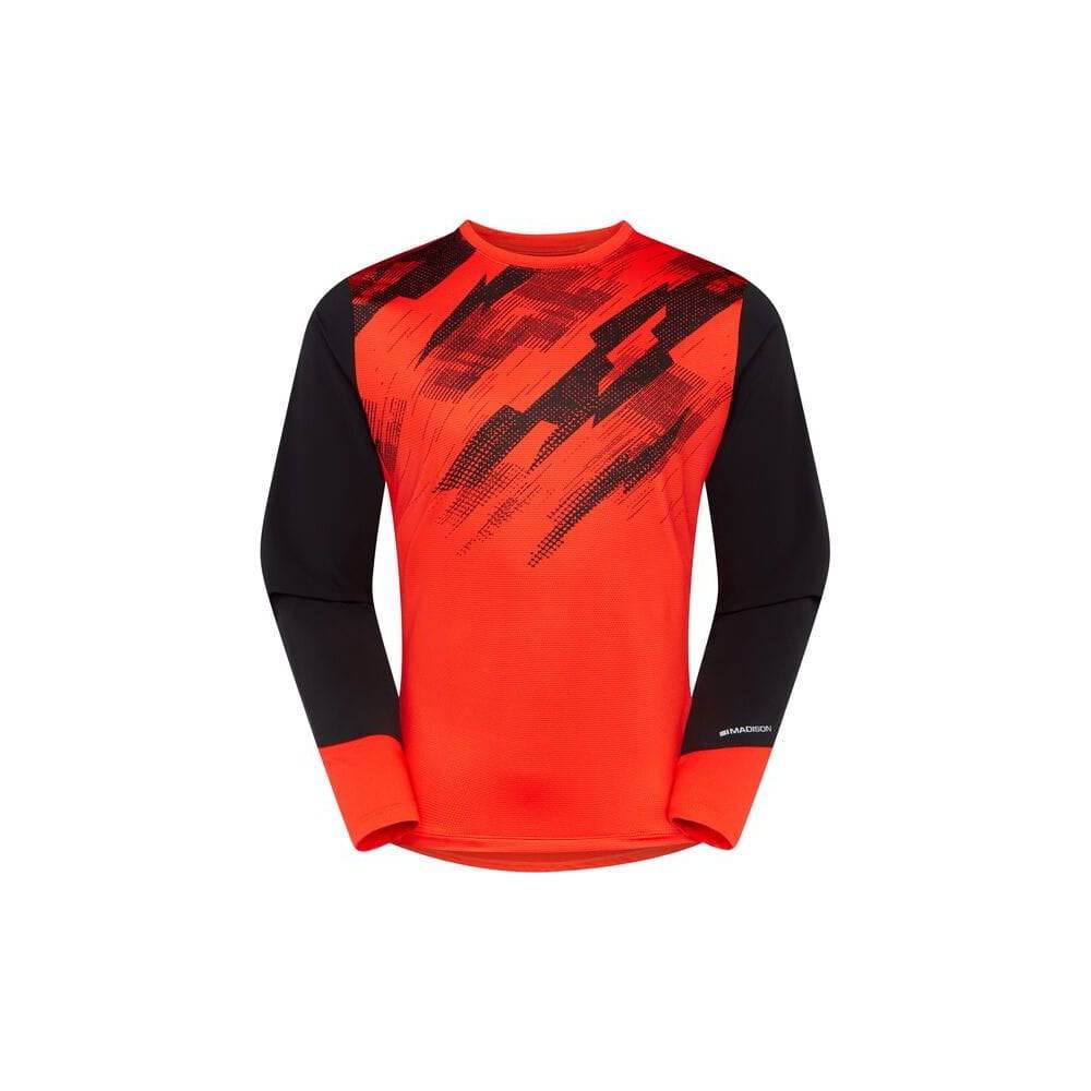 Madison Flux men's long sleeve trail jersey with moisture-wicking fabric and durable arm panels for outdoor cycling.