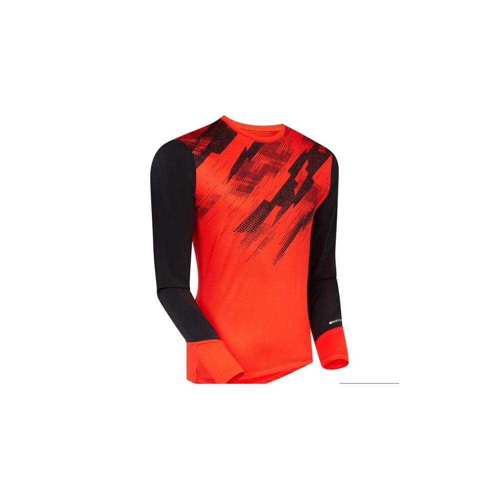 Madison Flux men's long sleeve trail jersey with moisture-wicking fabric and durable arm panels for outdoor hiking.