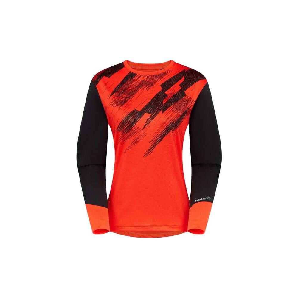 Madison Flux women's long sleeve trail jersey, breathable MTB cycling top with moisture-wicking fabric and ergonomic fit.