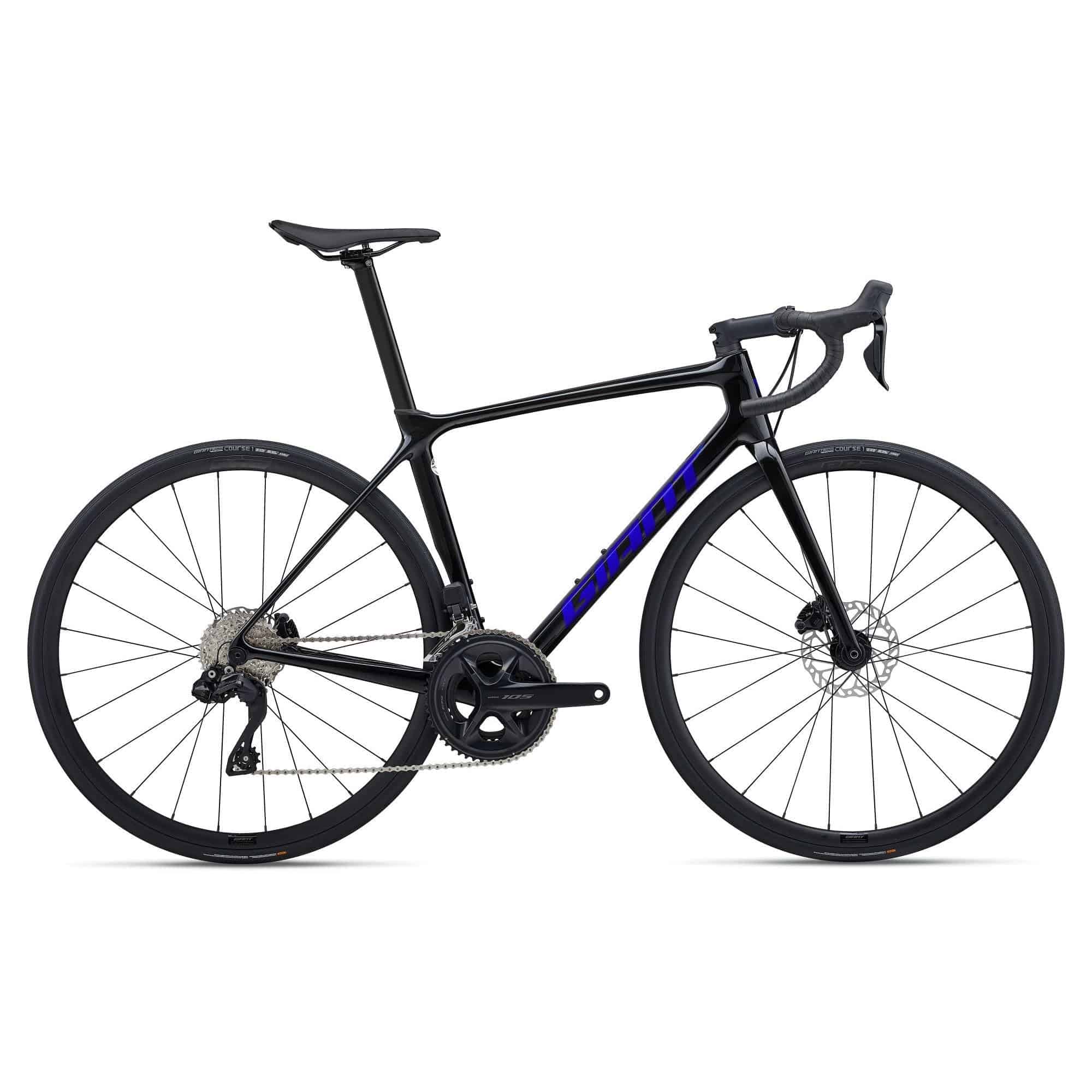 Giant TCR Advanced Disc 1 2024 road bike with Shimano 105 Di2 electronic shifting, lightweight frame and disc brakes.