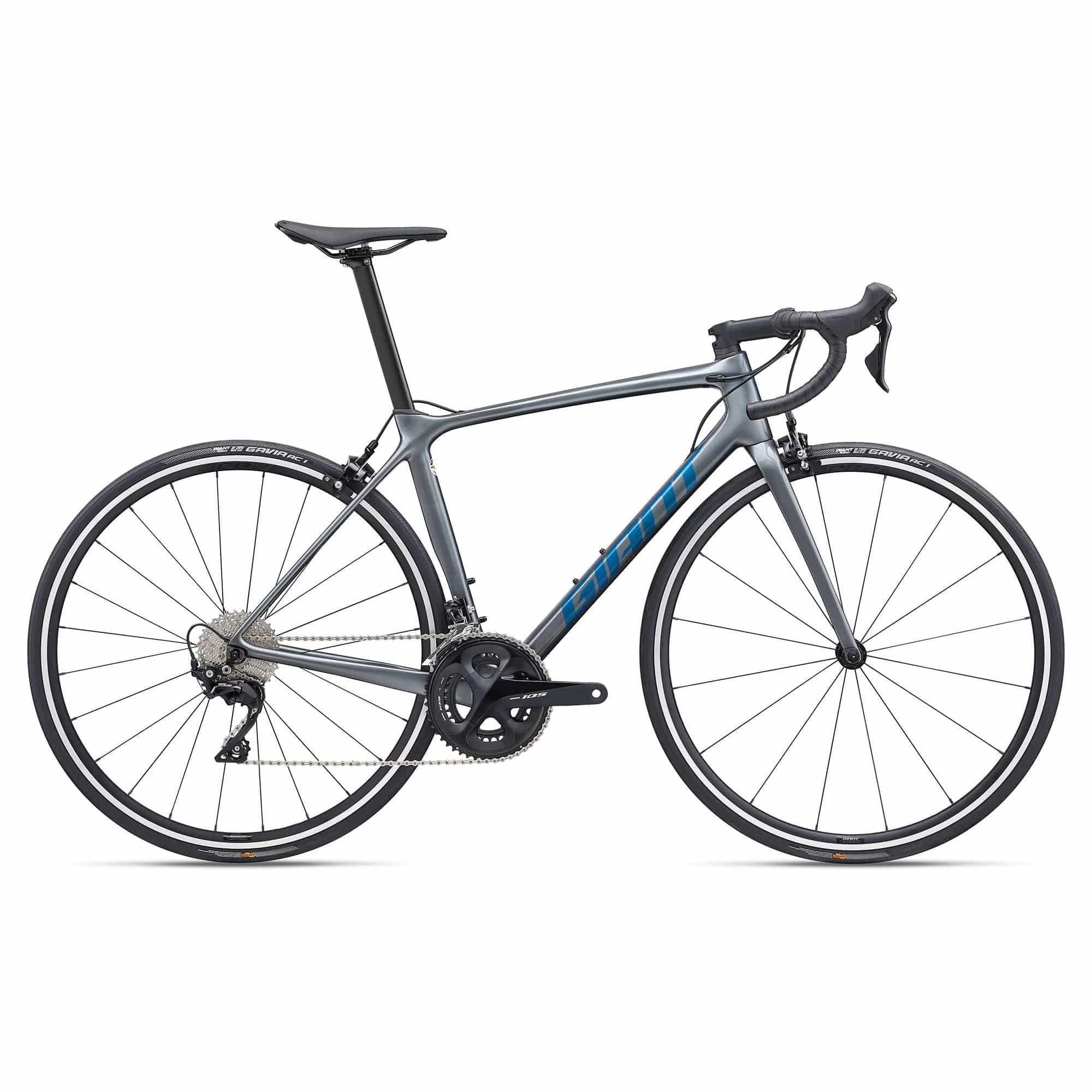Giant TCR Advanced 2 2024 road bike with Shimano 105 R7100 groupset and disc brakes, shown from side view.