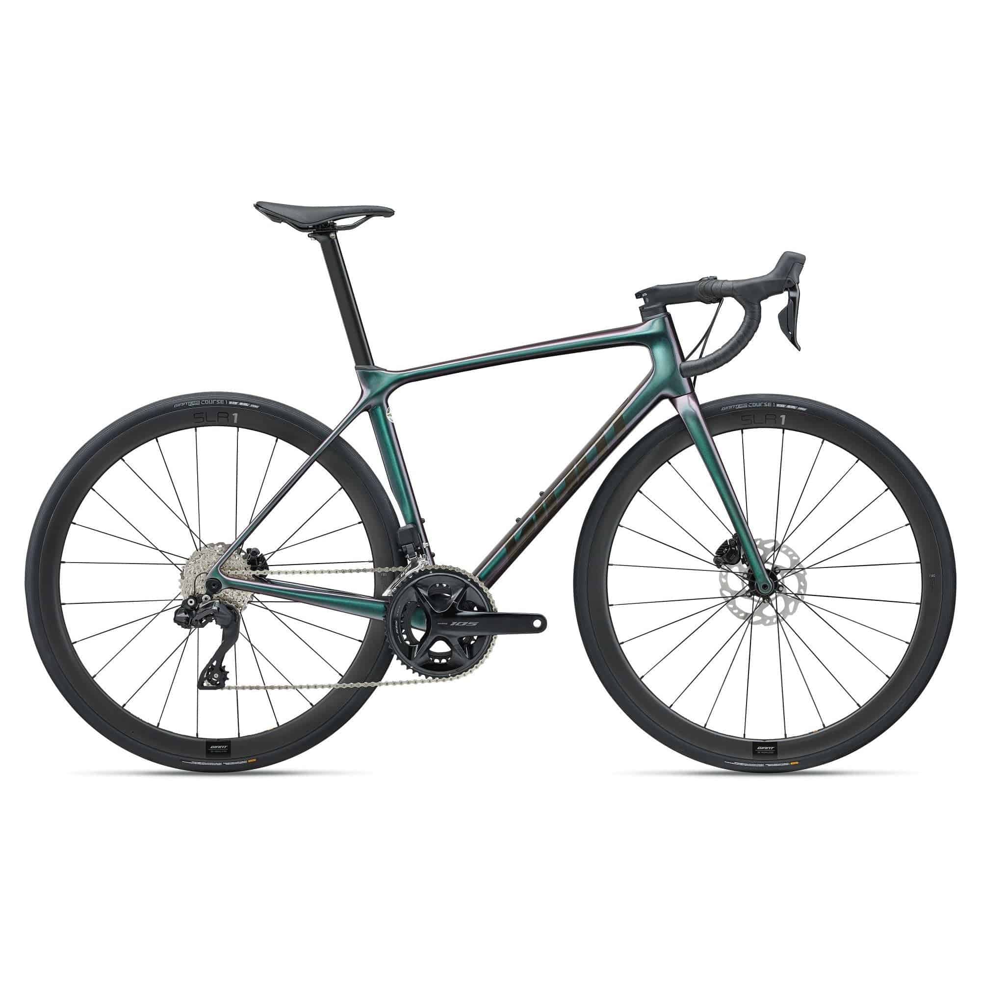 Giant TCR Advanced Pro Disc 1 Di2 road bike with Shimano 105 electronic shifting, lightweight frame, and disc brakes.