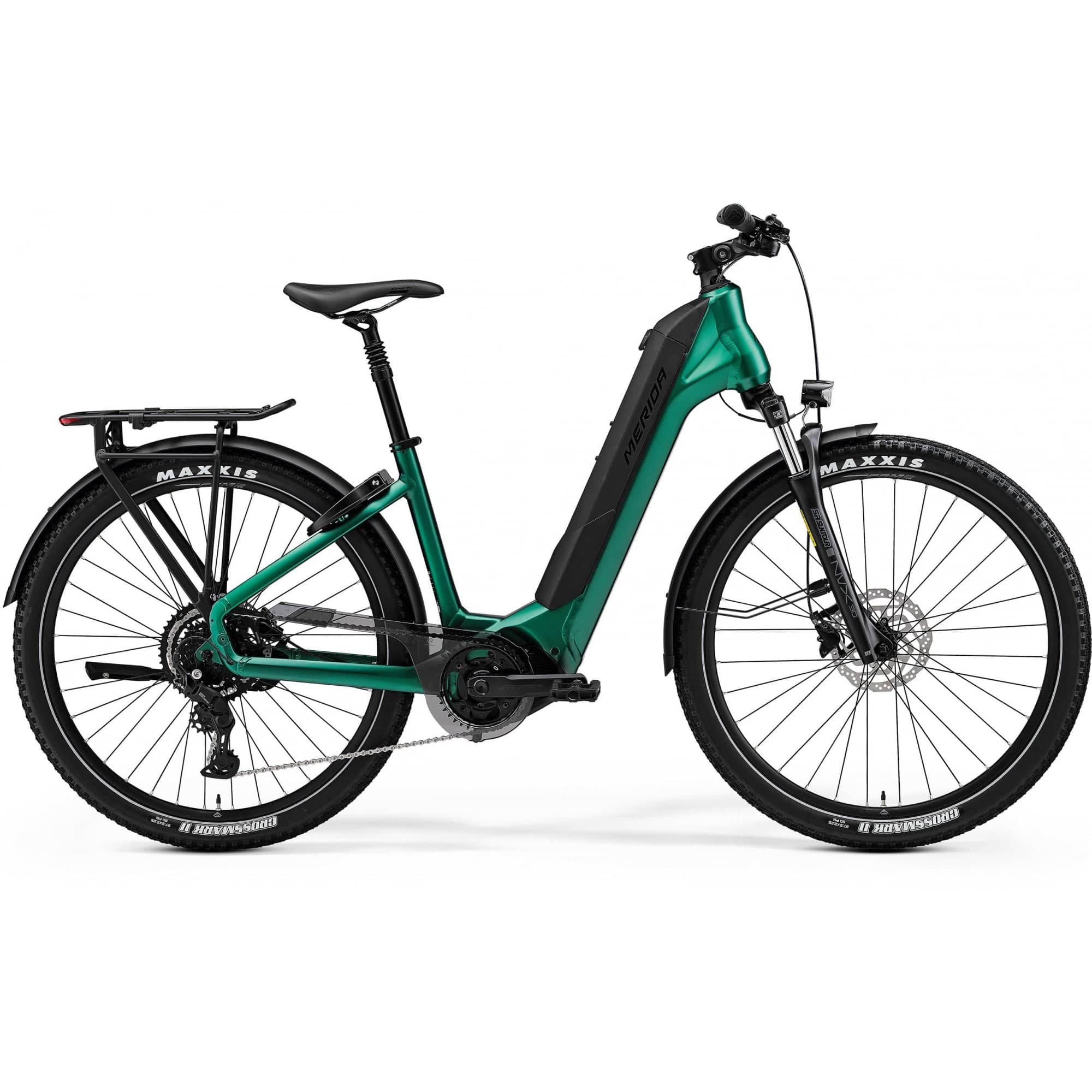 Merida eSpresso CC 400 EQ e-hybrid bike with Shimano STEPS motor, 27.5-inch tires, integrated lights, mudguards, rack, lock, and suspension forks.