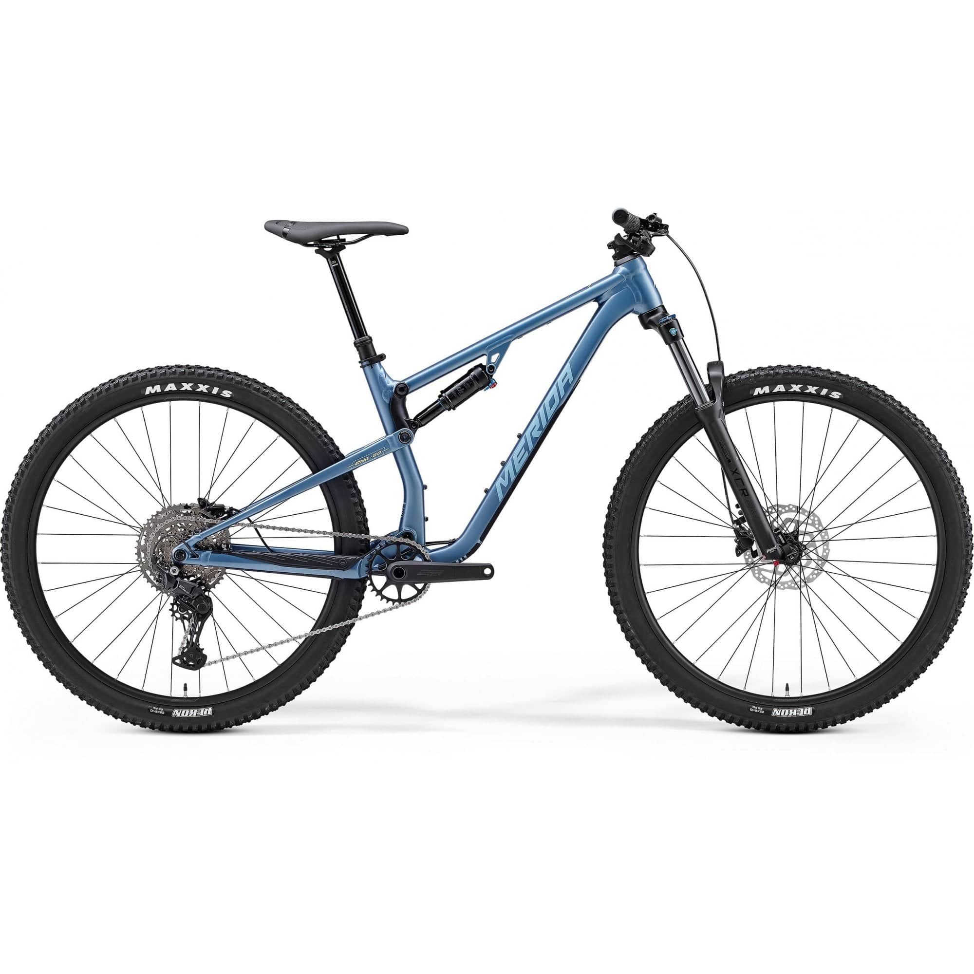 Merida One-Twenty 300 29er mountain bike with 130mm suspension and Shimano CUES U6000 system, showing the bike's frame and suspension details.
