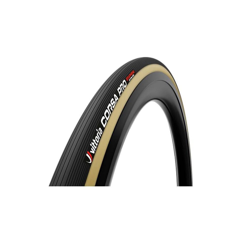 Vittoria Corsa Pro G2.0 tubular road racing tyre with graphene and silica compound, shown mounted on a bicycle wheel.