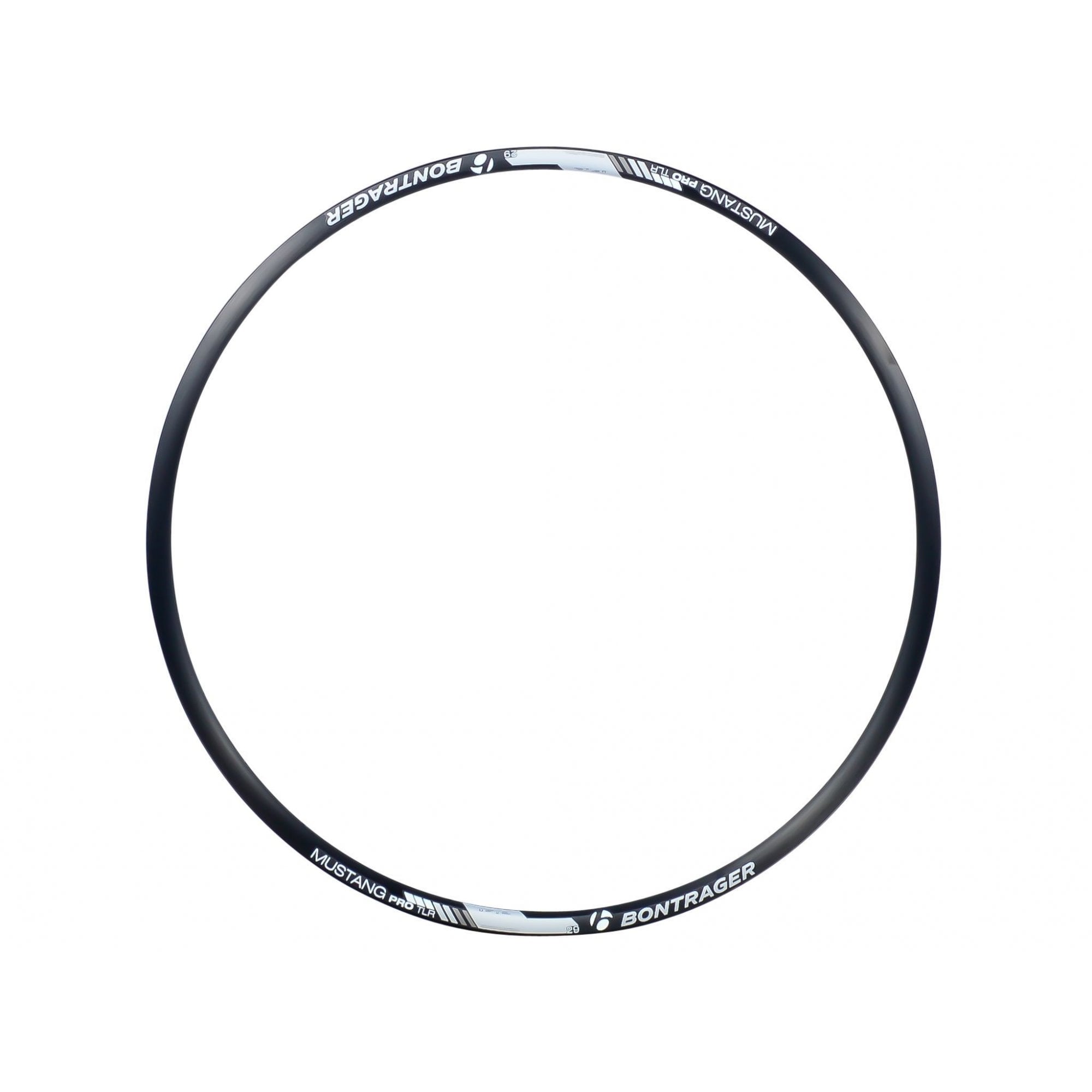 Bontrager Mustang Pro 29-inch TLR clincher MTB rim in black, tubeless ready for front or rear wheel riding.