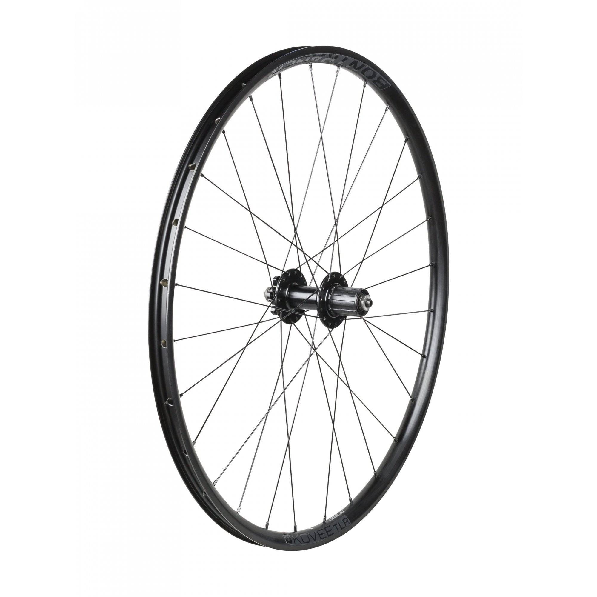 Bontrager Kovee TLR 27.5-inch rear MTB wheel with 28-hole 6-bolt disc, Shimano HG 8/9/10-speed, black and anthracite finish.