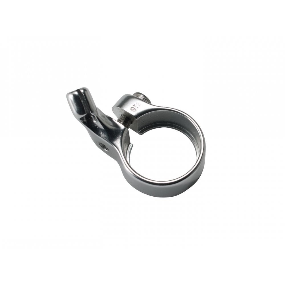Bontrager Bolt-On 31.9mm seatpost clamp with integrated cable stop in silver, showcasing durable metal construction for bike components.