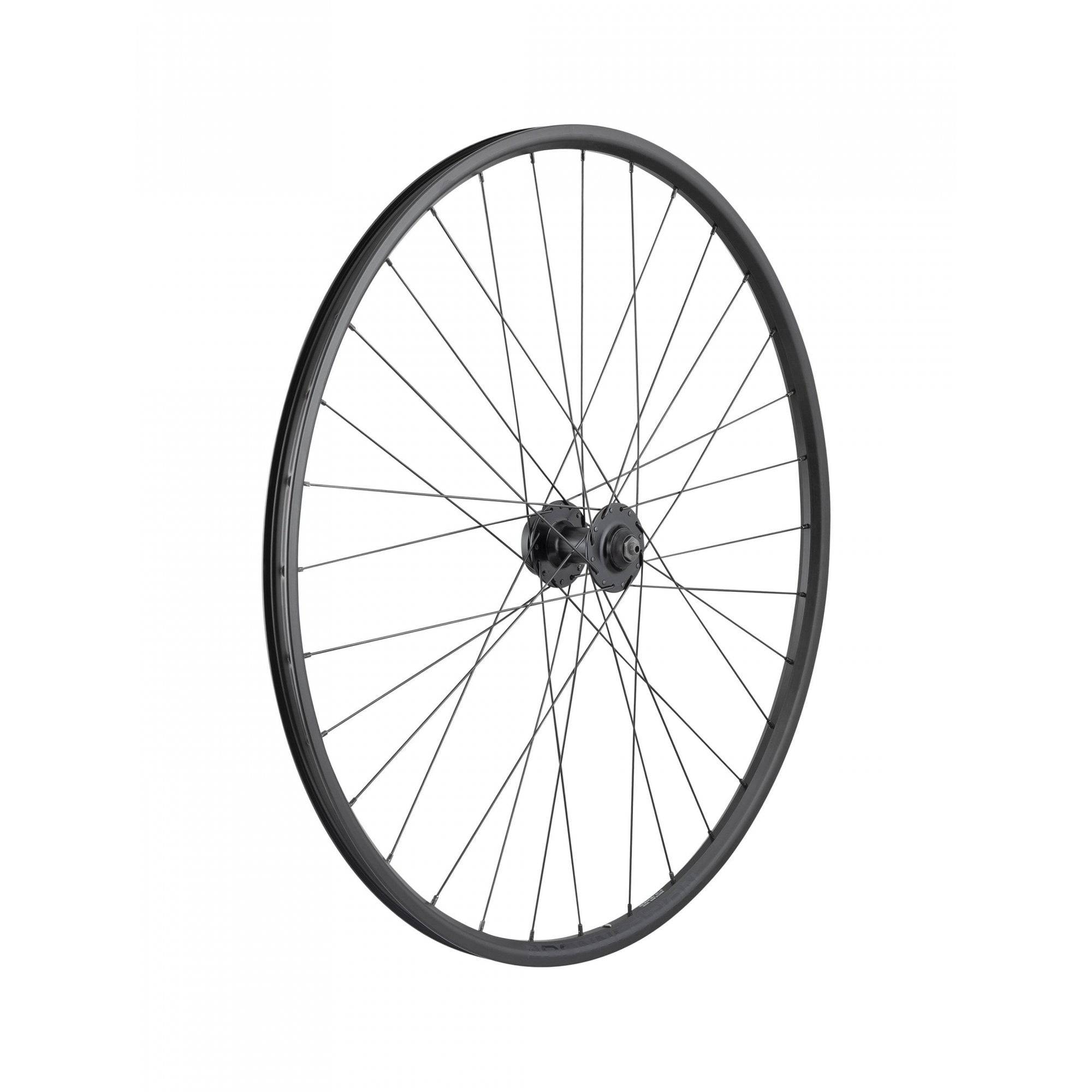 Bontrager Connection Disc 700c front road wheel in anthracite black, showcasing the rim, spokes, and hub without cassette.