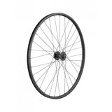 Bontrager Connection Disc 700c front road wheel in anthracite black, showcasing the rim, spokes, and hub without cassette.