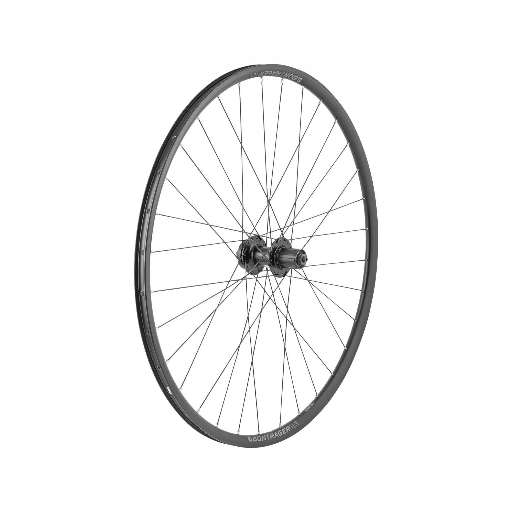 Bontrager approved TLR disc QR rear wheel in black with Shimano HG 8/9/10-speed, 32 spokes, for bike components.