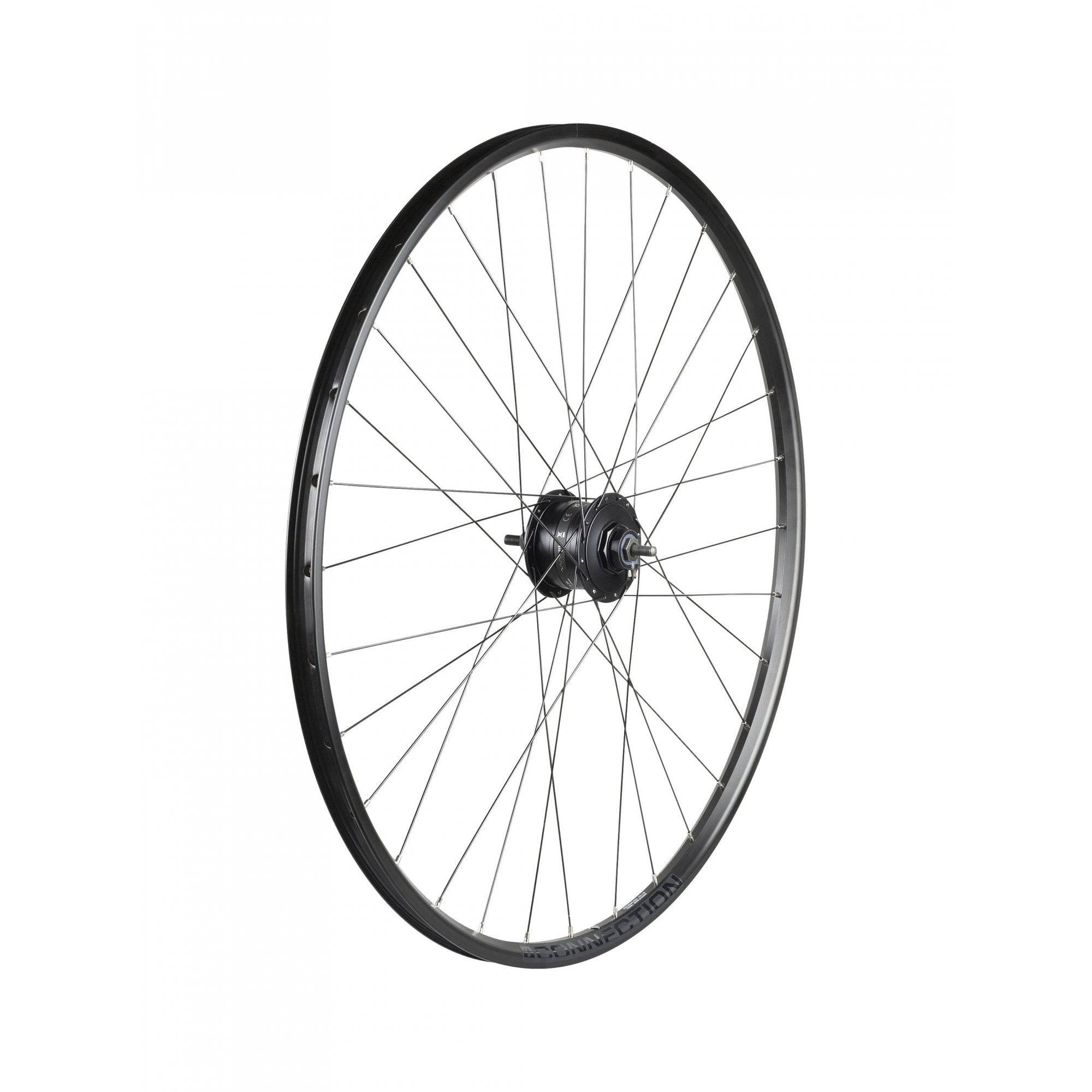 Bontrager Connection Dynamo Centerlock 700c front wheel in black with no cassette, bike component for reliable power generation.