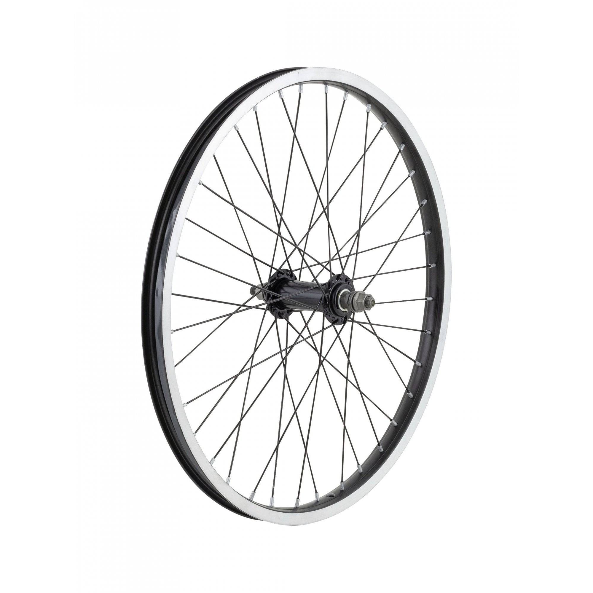 Black Trek Bontrager JYS01C 20-inch kids mountain bike front wheel without cassette, suitable for mountain biking components.
