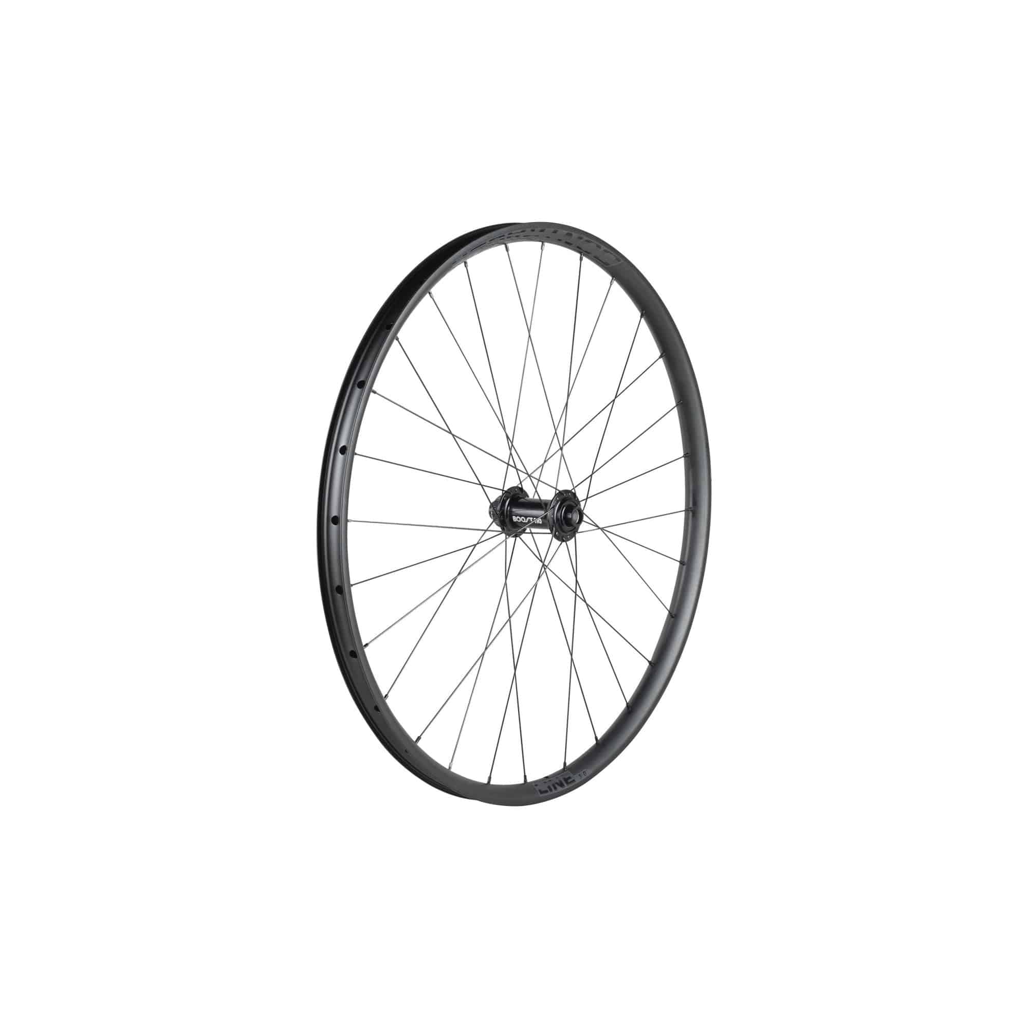 Bontrager Line 30 MTB wheel with 27.5-inch tubeless-compatible rim, 28 spokes, and 110mm hub for mountain biking.