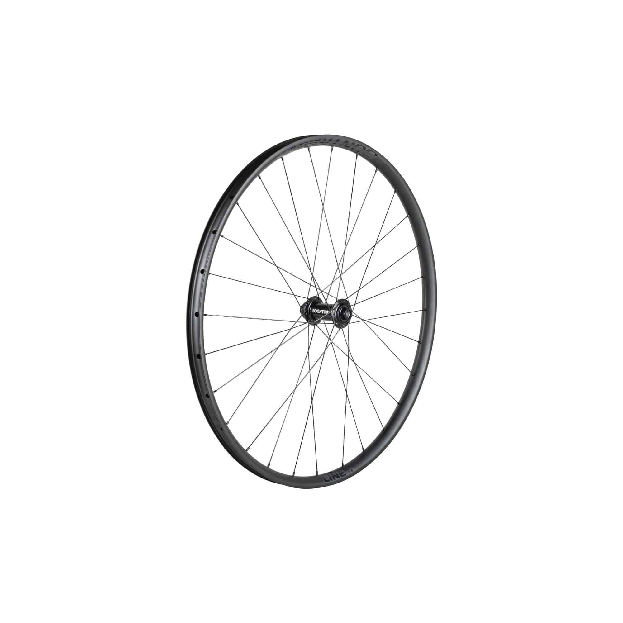 Bontrager Wheel Line 30 29-inch MTB wheel with 28 spokes, tubeless-compatible disc brake components, shown in close-up.