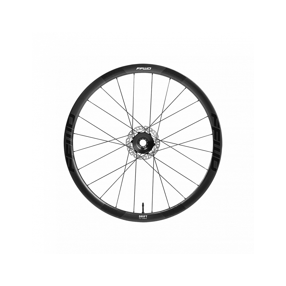 Black FFWD Drift Classified rear wheelset with 36mm gravel bike wheels, featuring lightweight alloy components and tubeless-ready design.