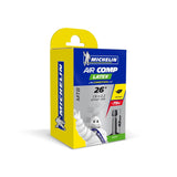 Michelin Aircomp Latex MTB inner tube with Presta and Schrader valves, designed for mountain bike tires and durable performance.
