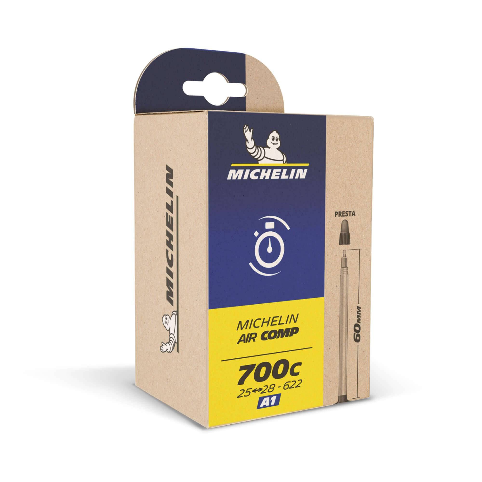 Michelin Airstop Road Inner Tube with Presta and Schrader valves, durable bicycle tube for road bikes, component part.