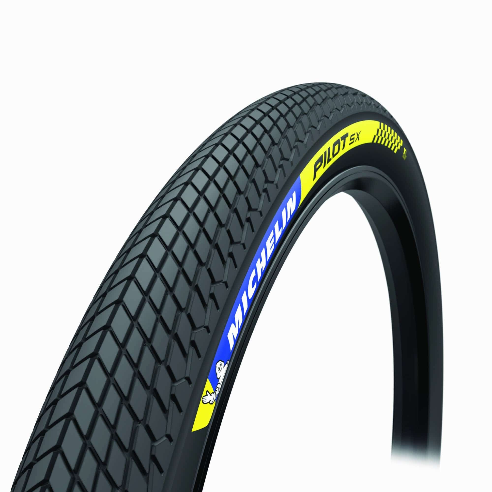 Michelin Pilot SX tubeless-ready BMX tyre 20x1.70 with high grip and durability, shown mounted on a bicycle wheel.