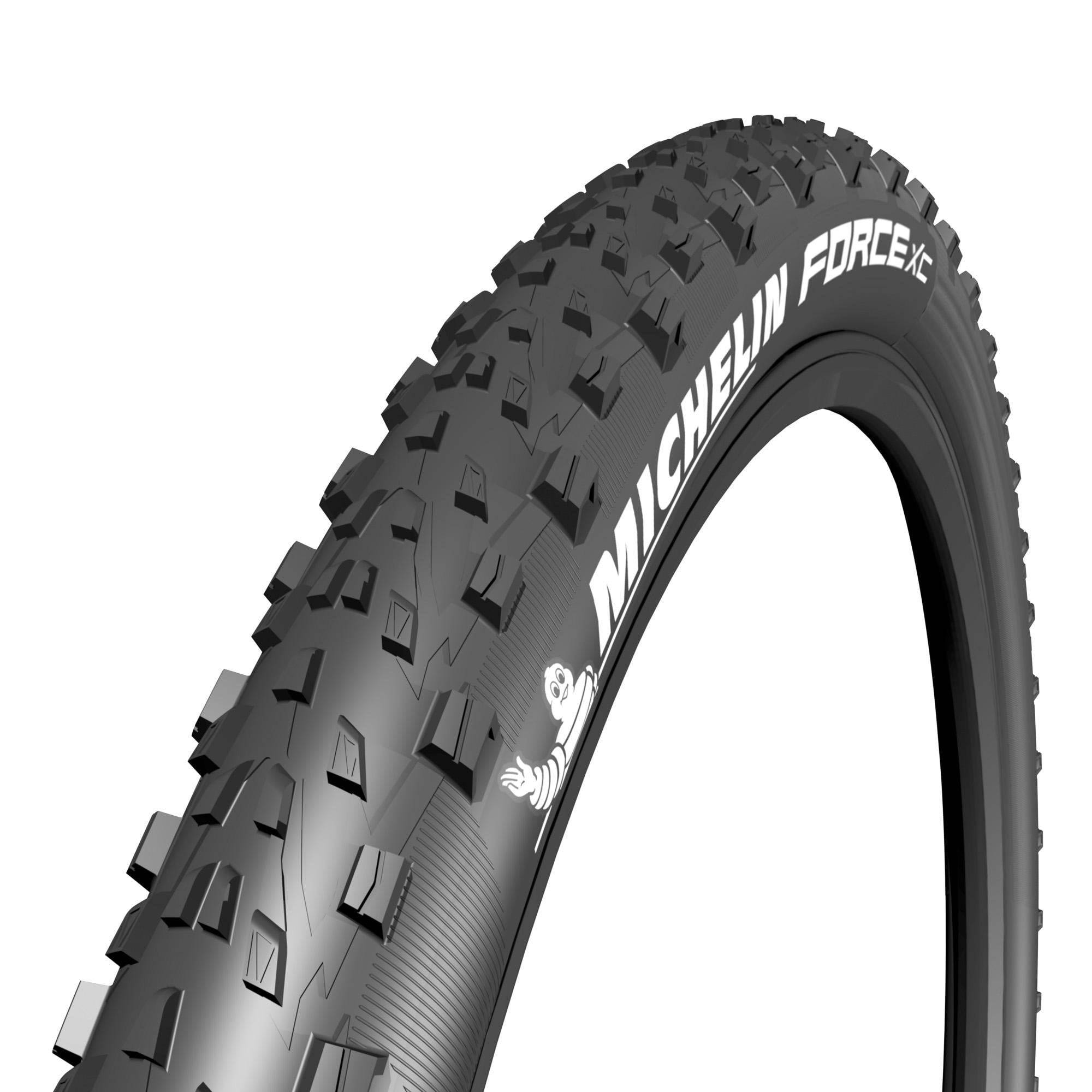 Michelin Force XC Performance Line tubeless ready cross-country mountain bike tire mounted on wheel, showing tread pattern and sidewall.
