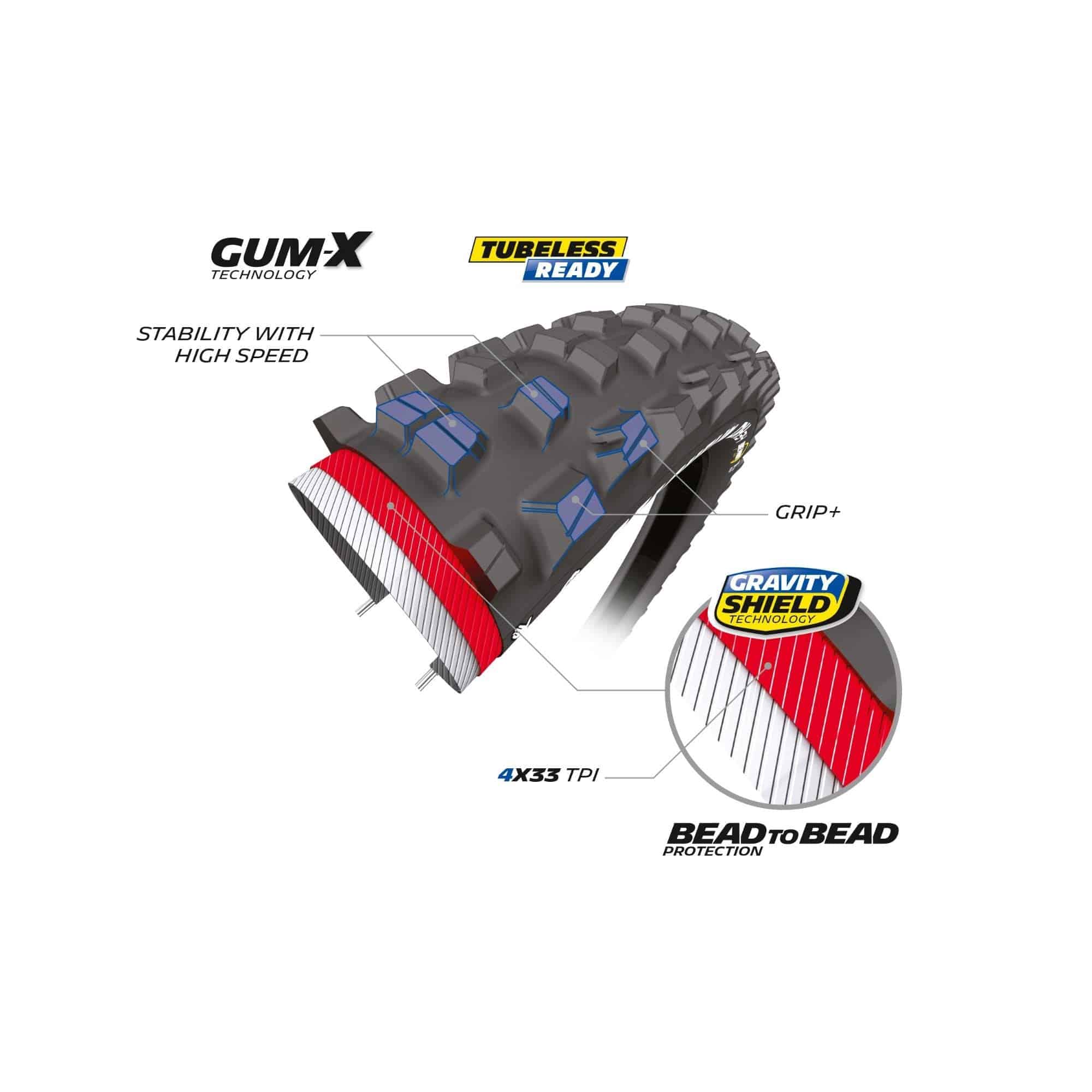 Michelin DH34 downhill bike park tyre with Gum-X technology, tubeless ready, mounted on a mountain bike wheel.