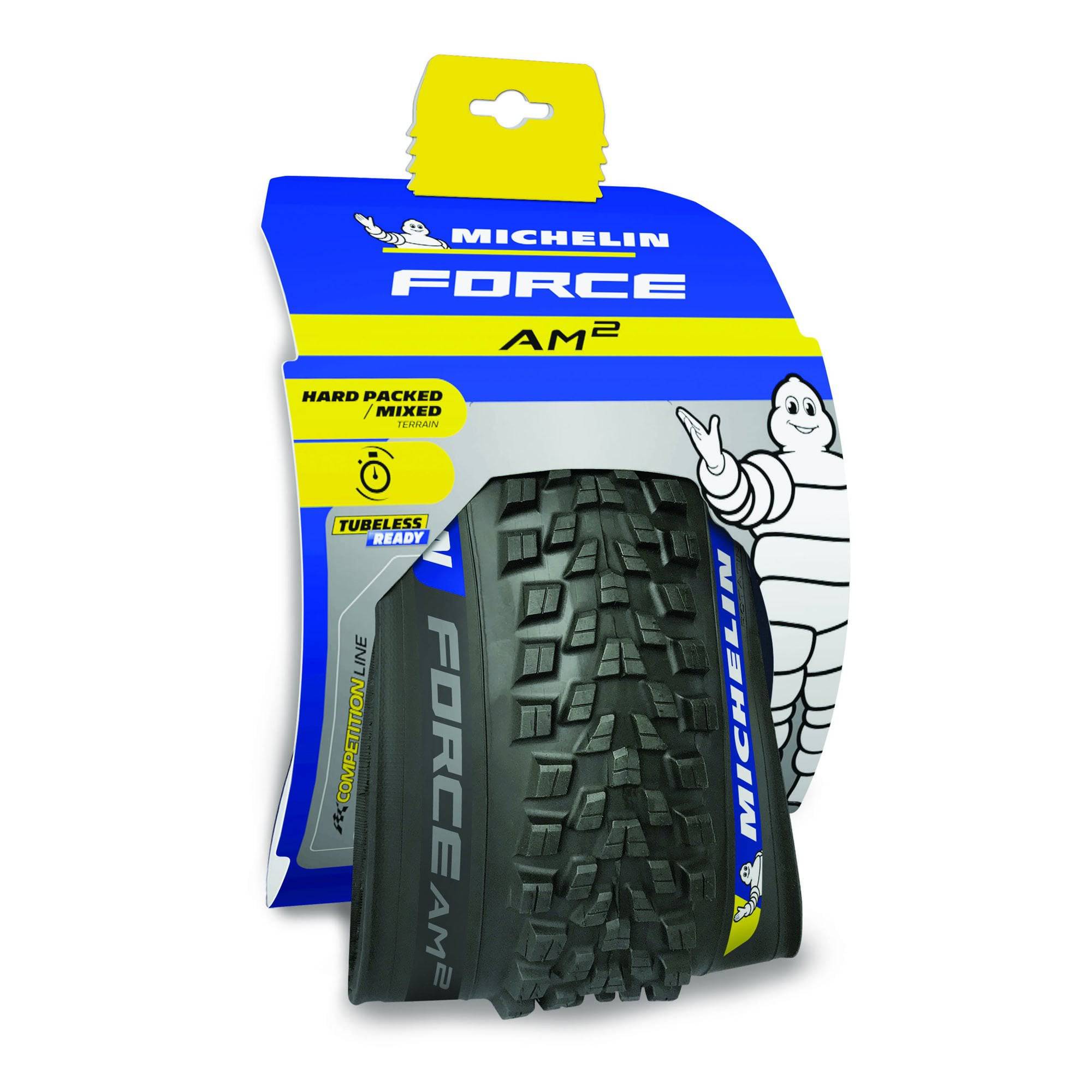 Michelin Force AM² tubeless-ready all mountain tire with knobby tread for mixed and hard-pack trail riding.