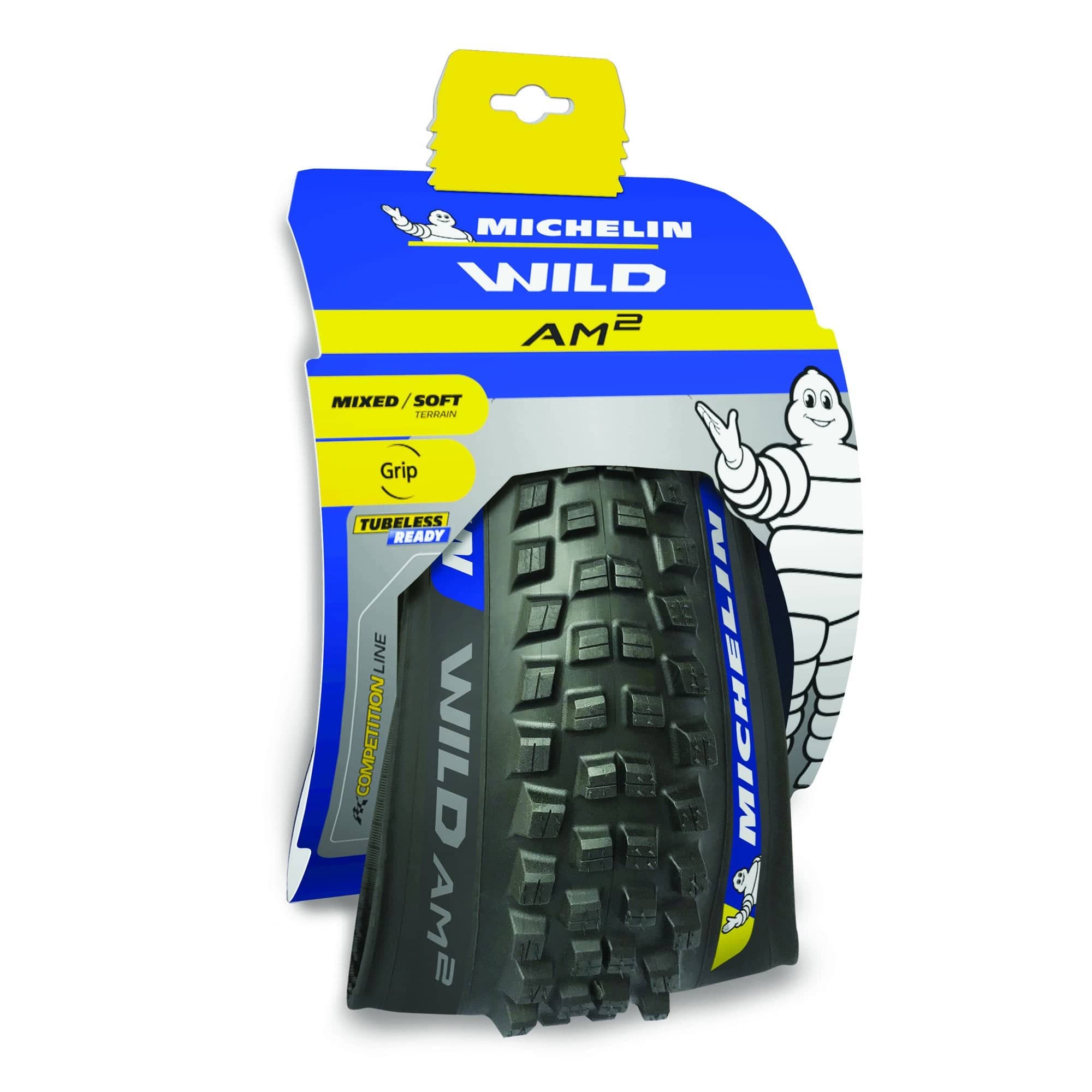 Michelin Wild AM² tubeless-ready all mountain tyre with GUM-X technology, showing the rugged tread pattern and sidewall details.